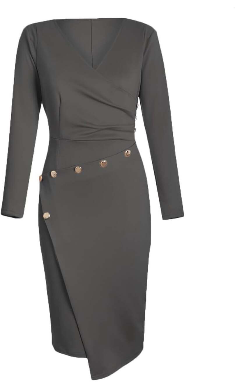 Lrady Women's Deep V-Neck Long Sleeve Wrap Bodycon Pencil Midi Work Dress